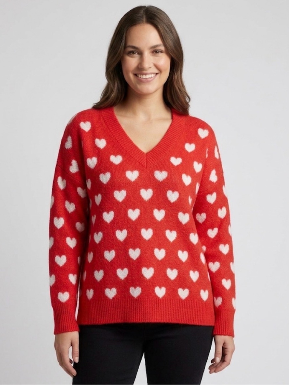 CeCe Women’s Red White Heart V-Neck Sweater Size M Excellent(C56)